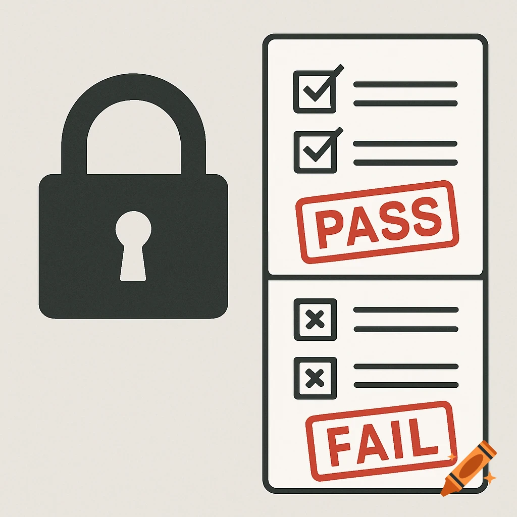 A black padlock next to a checklist showing 'PASS' with two checkmarks and 'FAIL' with two 'X' marks.