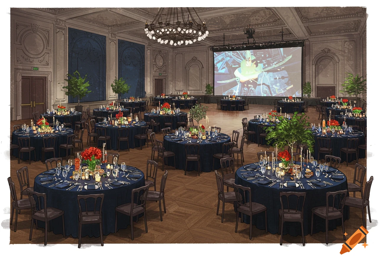 An illustrated view of a large ballroom set up for an event, featuring numerous round tables with blue tablecloths, chairs, and eclectic centerpieces, with a large screen at the far end of the room.