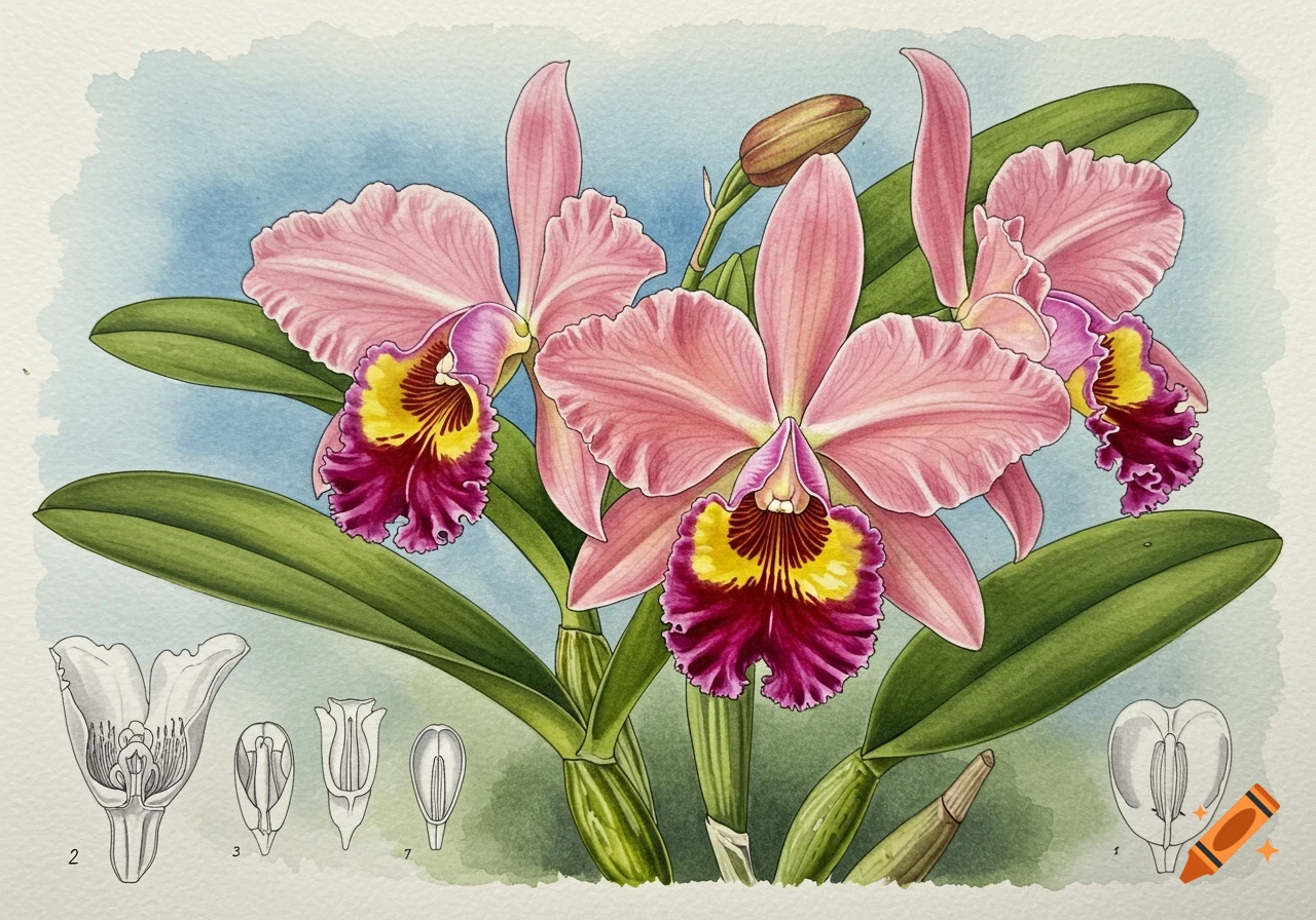 A detailed watercolor botanical illustration of pink Cattleya orchids with green leaves against a blue background, showing smaller anatomical diagrams at the bottom.