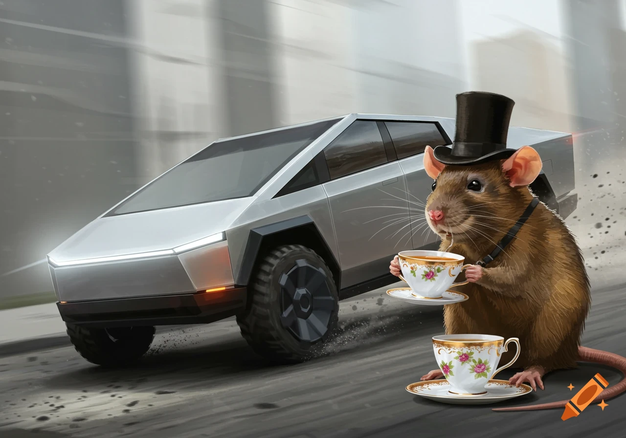 A brown rat in a top hat holds a teacup as a silver Cybertruck drives on a road.