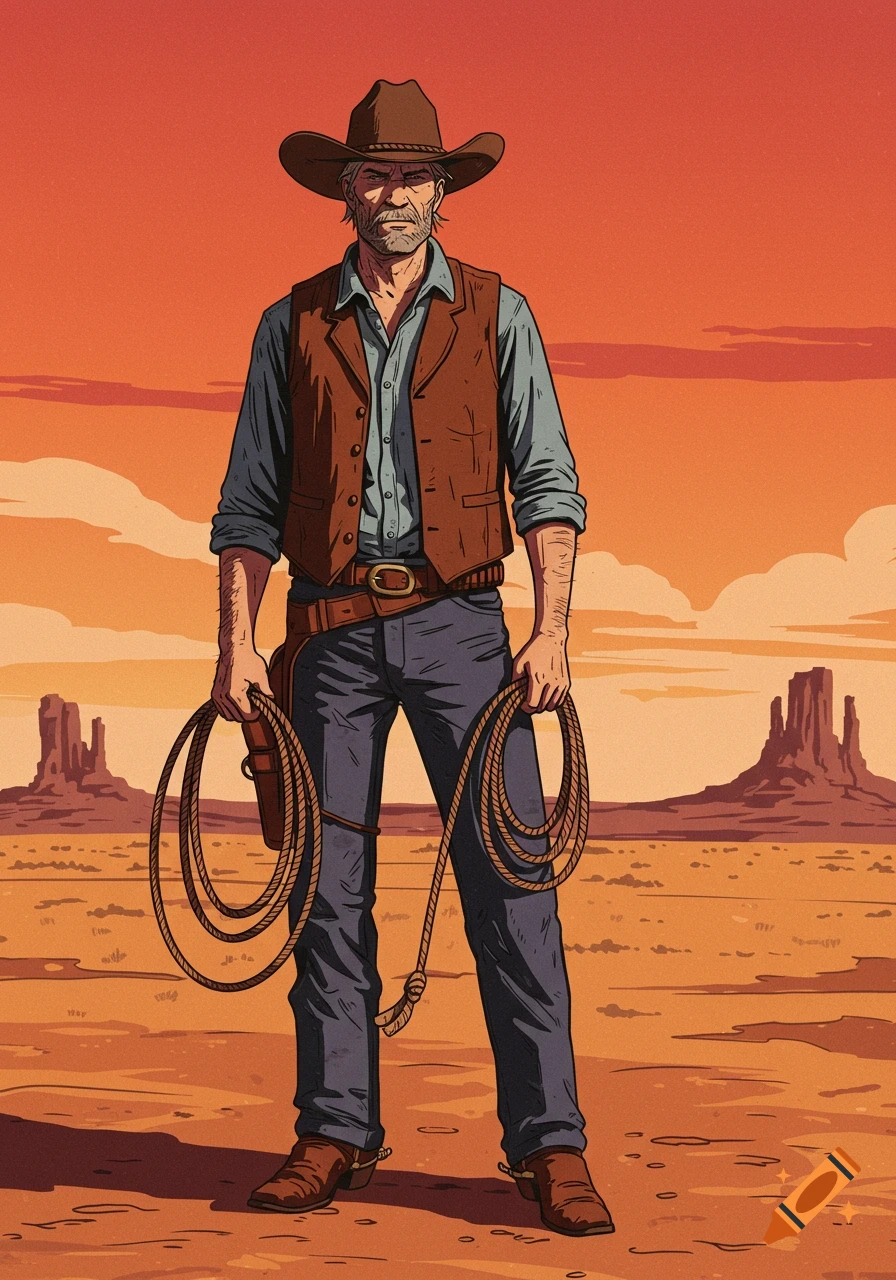 A rugged cowboy stands in a desert landscape with mesas under an orange sky, holding two coiled ropes.