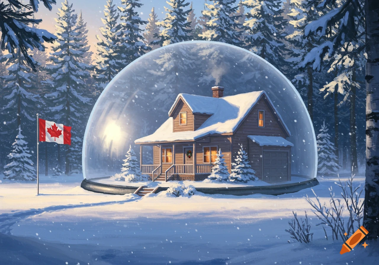 A cozy snow-covered house inside a large snow globe, next to a Canadian flag, set in a snowy forest at dusk.