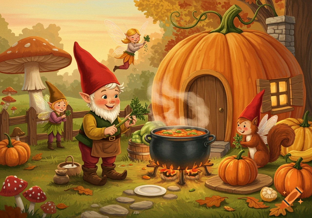 Whimsical illustration of a gnome making soup outside a pumpkin house with fairy and squirrel friends in autumn.