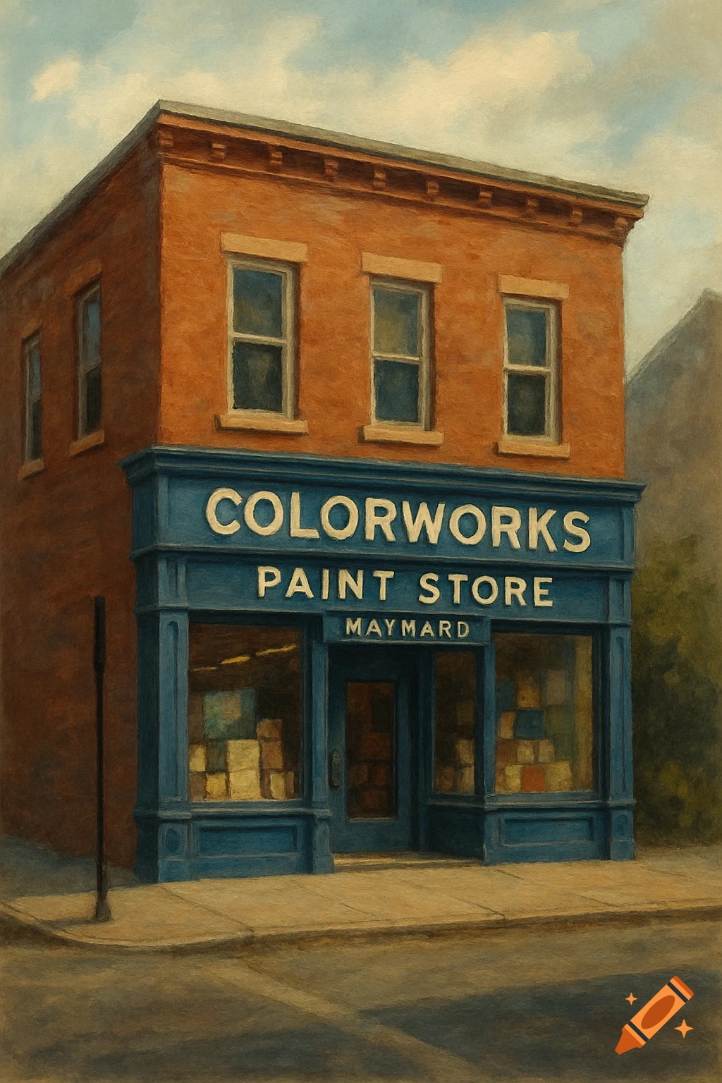 A painterly image of an old brick building with a blue storefront for a paint store under a cloudy sky.