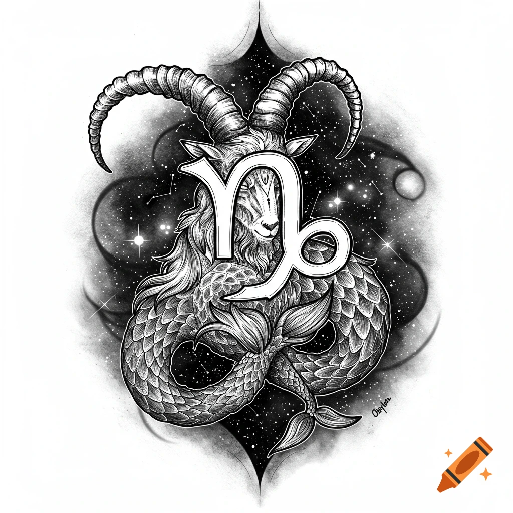 Black and white tattoo-style illustration of a Capricorn sea-goat with the Capricorn zodiac symbol, set against a cosmic background.