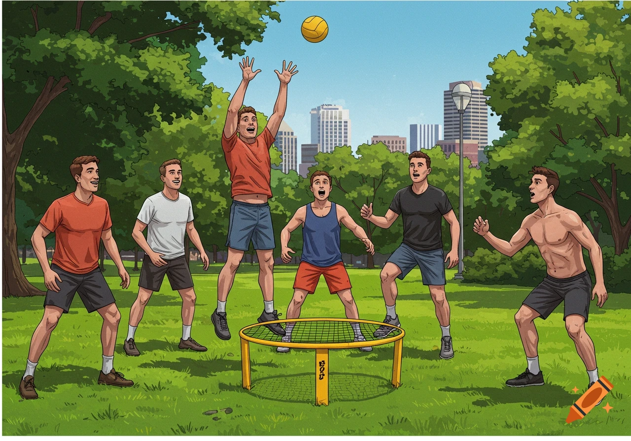 Six men playing spikeball in a park with trees and city buildings in the background, illustrated style.