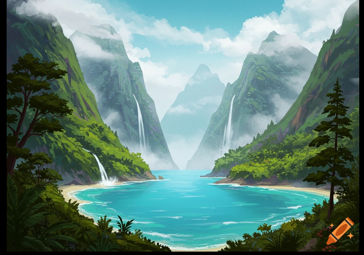 Lush green mountains with waterfalls cascading into a vibrant turquoise bay, surrounded by dense jungle foliage, under a blue sky.