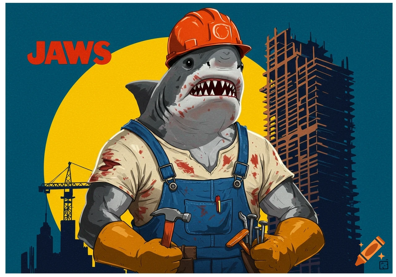 Stylized illustration of a shark in construction worker overalls and hard hat holding a hammer, with 'JAWS' text, set against a yellow circle and city skyline.