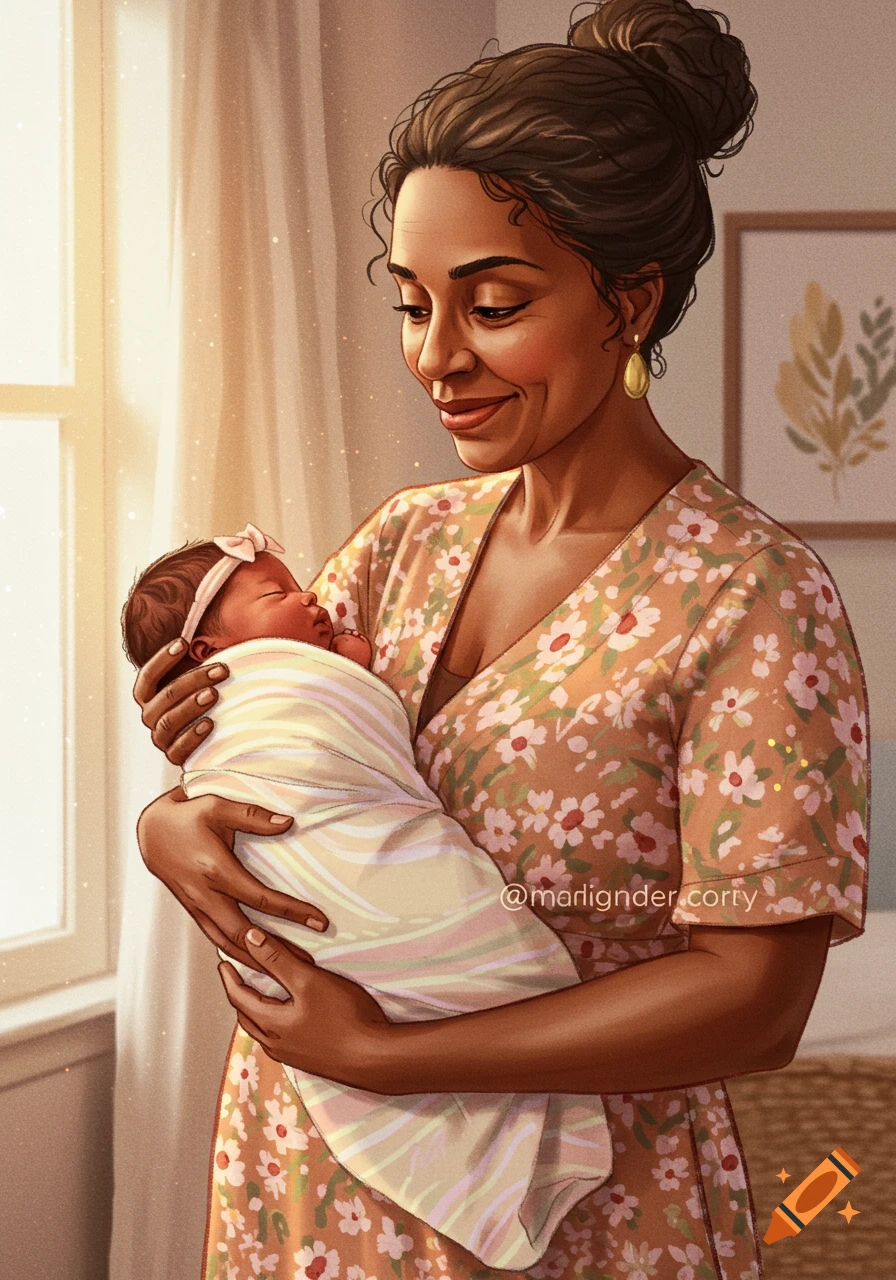 Digital illustration of a smiling woman holding a swaddled newborn baby in a sunlit room.