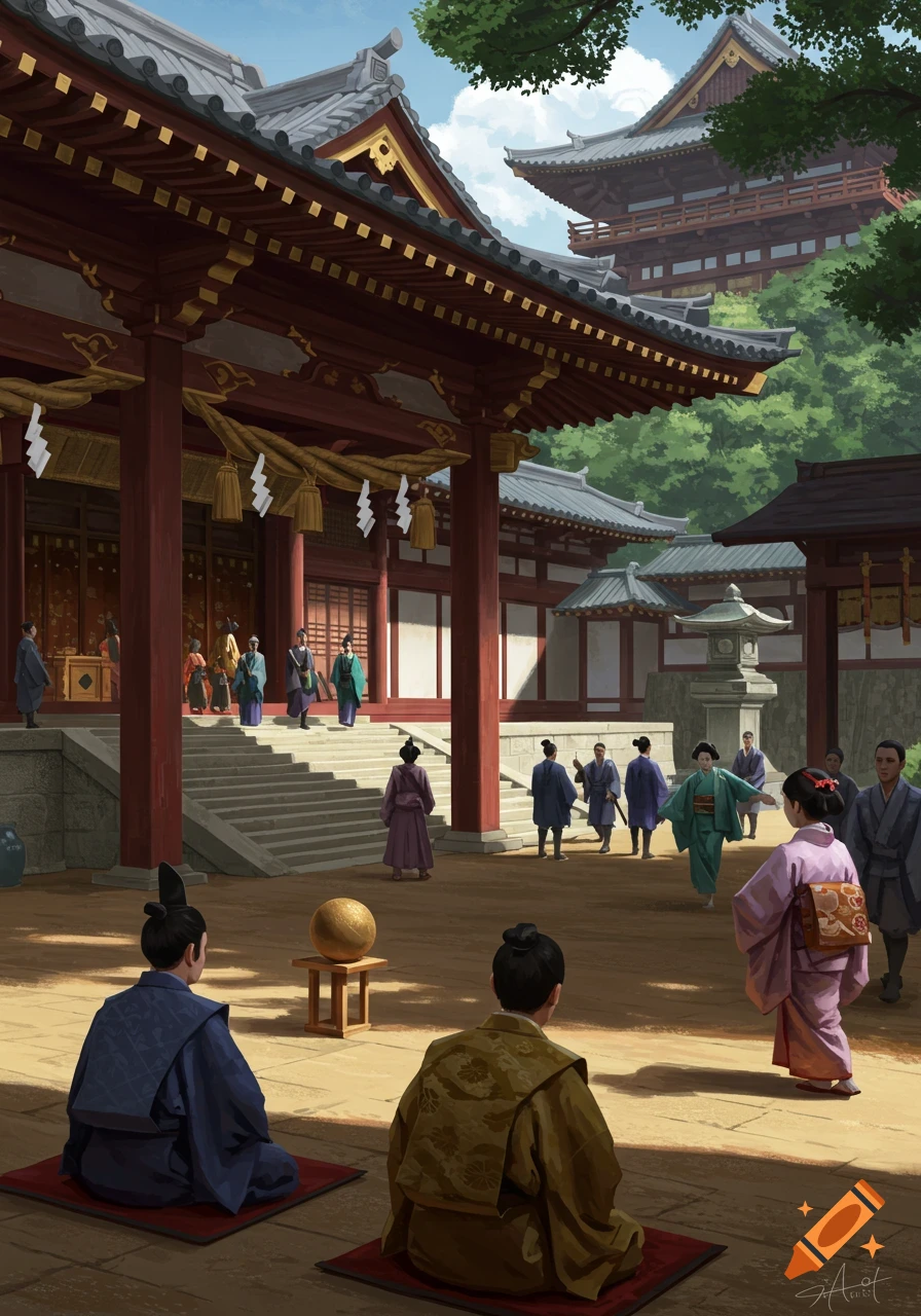A detailed illustration of people in traditional Japanese attire in the courtyard of a grand temple or palace complex under a blue sky.