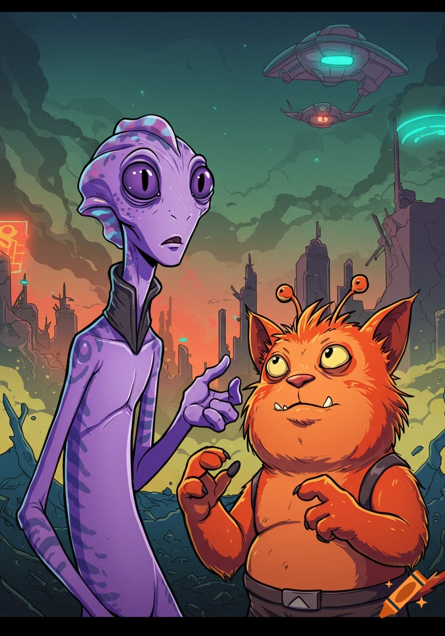 A tall purple alien and a short orange furry alien stand in a futuristic city with flying saucers, cartoon style.