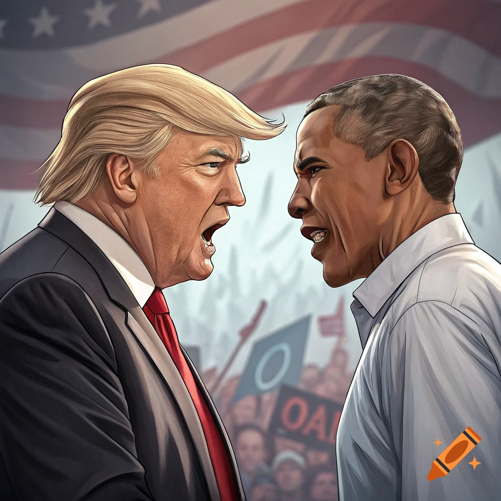 Caricature of Donald Trump and Barack Obama shouting at each other against an American flag and a crowd with signs.