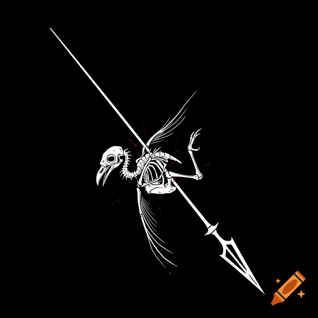 A black and white minimalist illustration of a bird skeleton impaled by a spear with subtle red splatters against a black background.