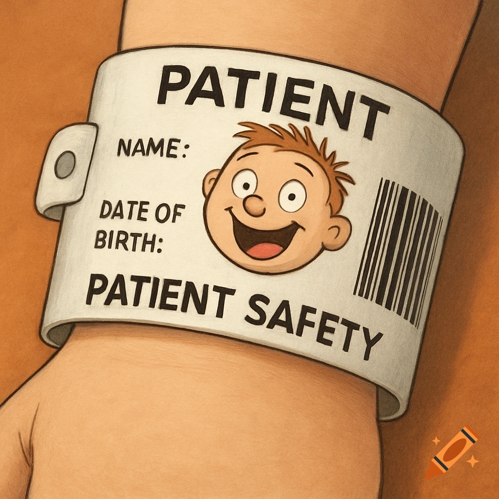 Cartoon illustration of a child's arm wearing a hospital ID band with text PATIENT and PATIENT SAFETY, and a happy cartoon face.