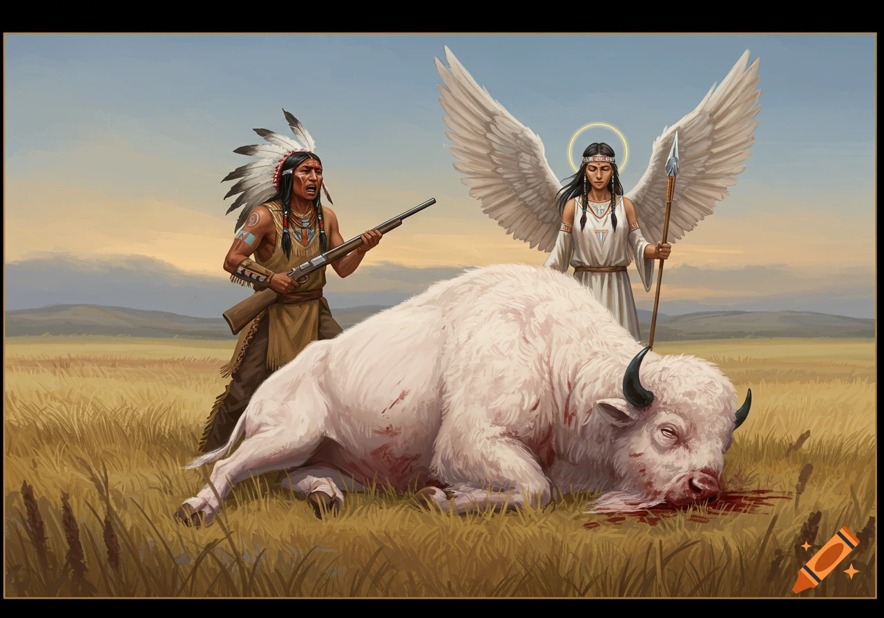 A Native American hunter in regalia stands over a dying white buffalo, looking regretful, while a Native American angel with wings and a halo stands behind him, holding a spear. The scene is set in an open field.