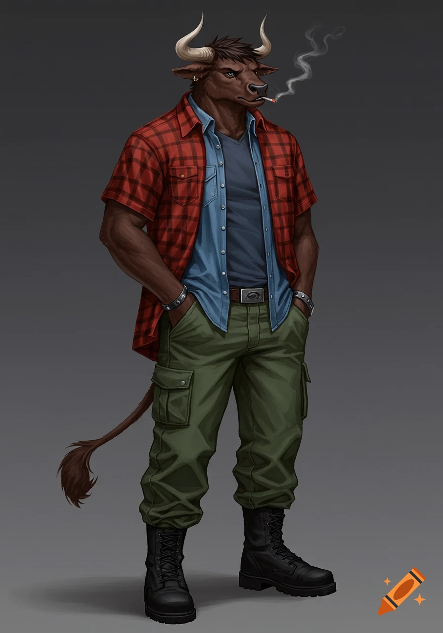 An anthropomorphic dark brown ox in a red plaid shirt, blue denim shirt, green cargo pants, and black boots, smoking a cigarette.