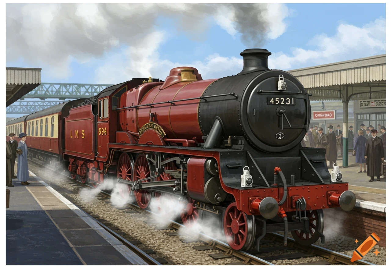 A detailed illustration of a red and black steam locomotive, 'LMS Princess Royal' class, at a busy train station platform.
