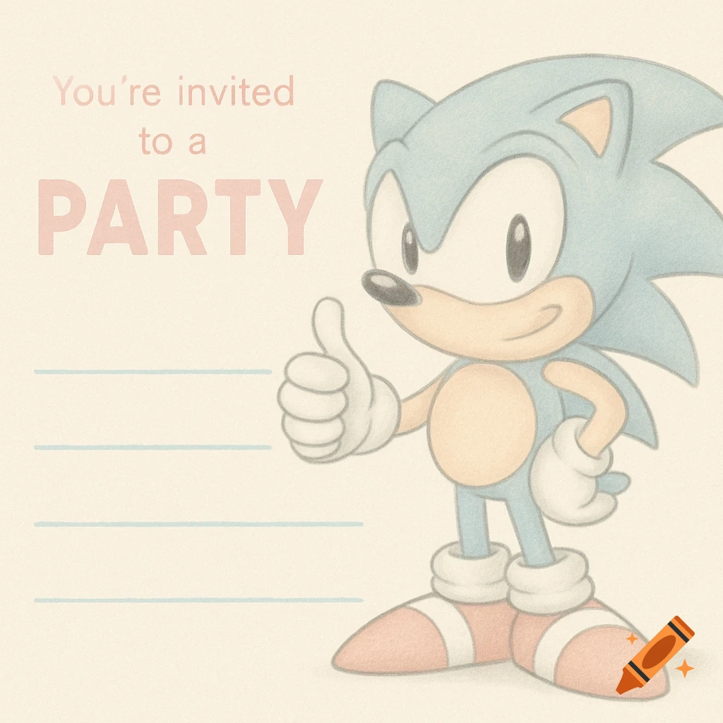 Cartoon drawing of Sonic the Hedgehog giving a thumbs up on a pastel-colored party invitation template.