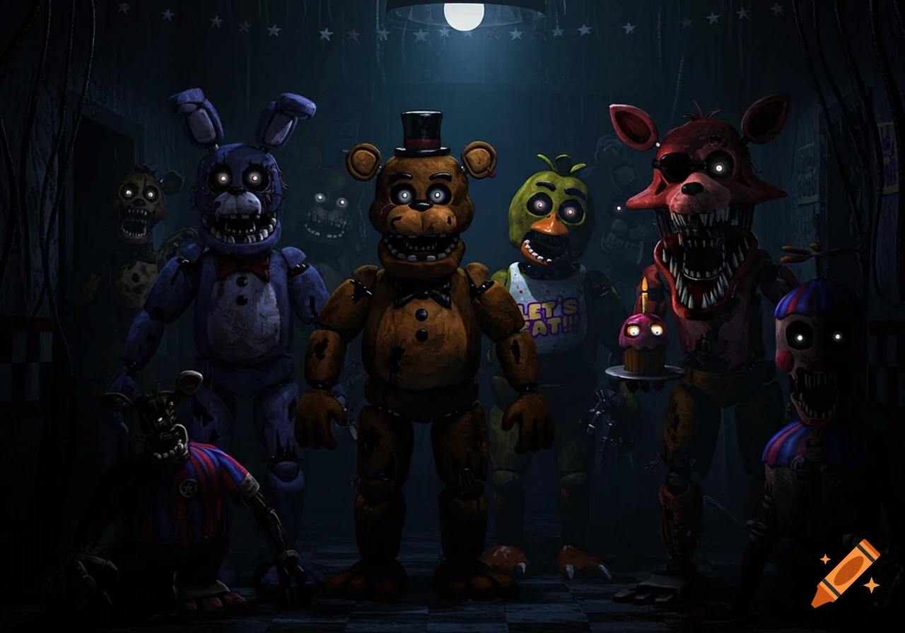 Creepy animatronic characters Freddy, Bonnie, Chica, Foxy, and others from Five Nights at Freddy's in a dark room.