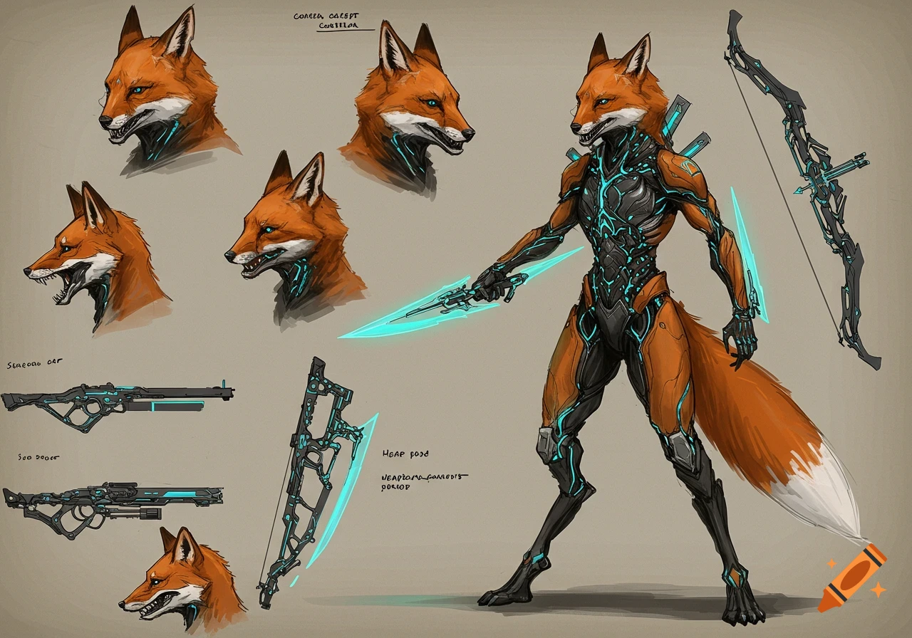 A detailed concept art sheet featuring a humanoid fox character in futuristic orange and black armor with glowing blue accents, with multiple head studies, weapons, and a full body pose.