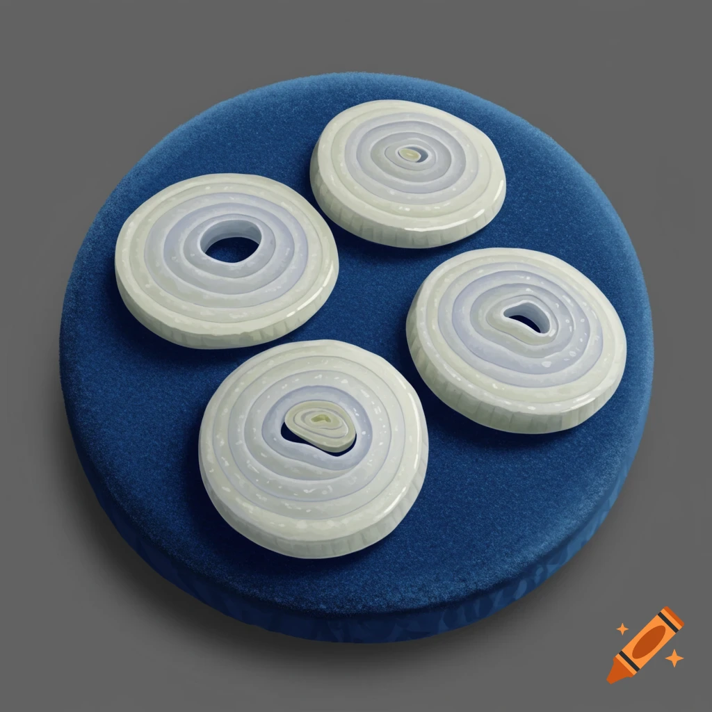Four slices of white onion rest on a round, blue, felt-like surface.