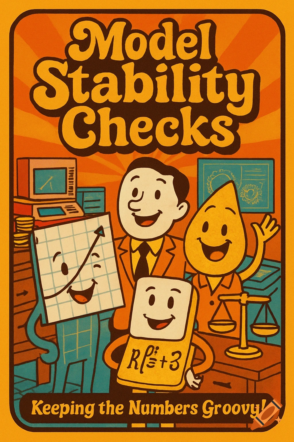 A vibrant 1970s-style poster for 'Model Stability Checks' featuring anthropomorphic graph, man, and data point characters in an office setting.