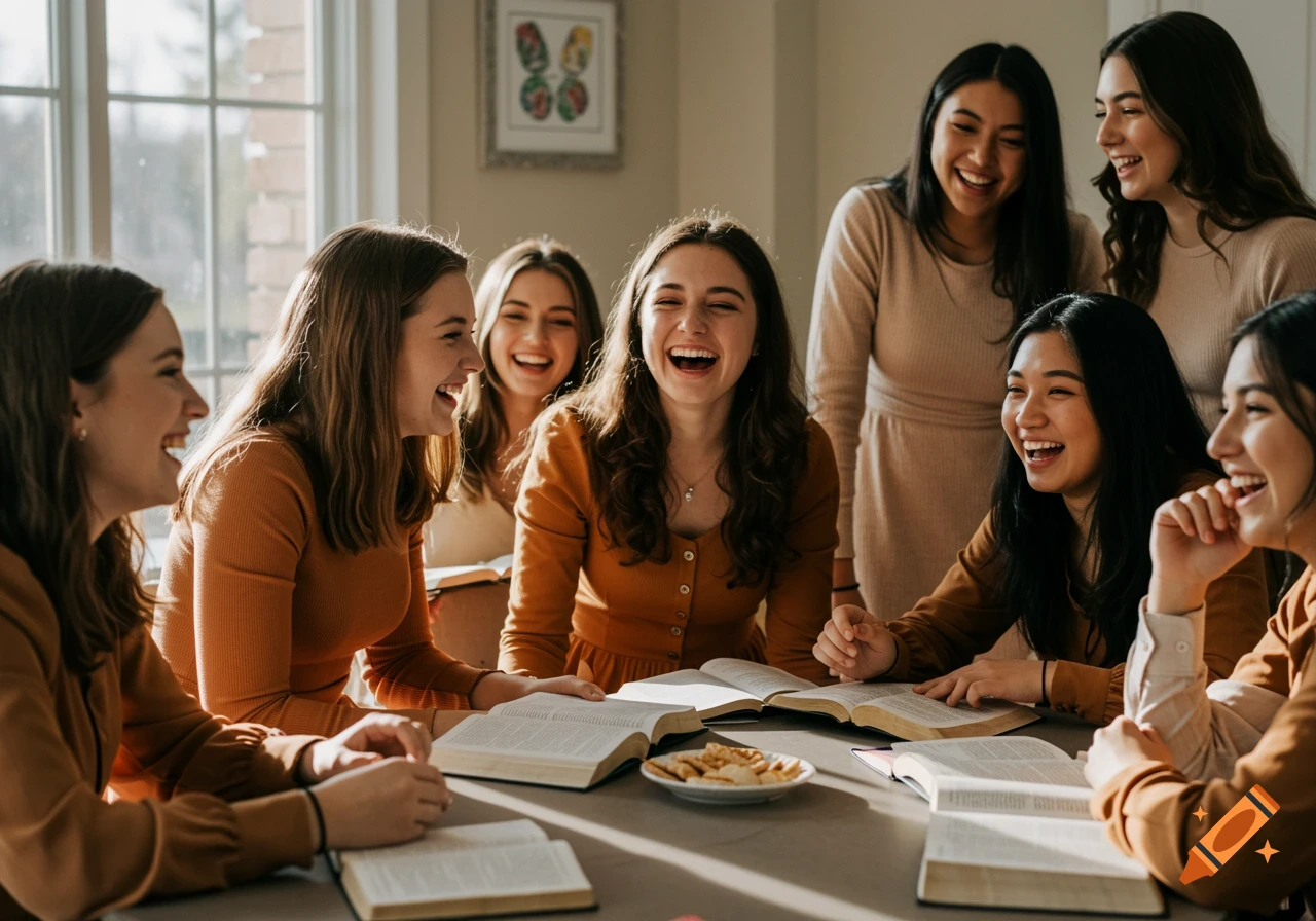 Group of smiling teenage girls gathered around a table with open books and snacks.