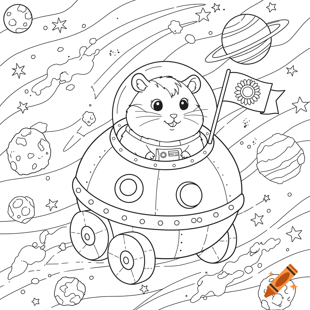 A cartoon hamster in a space pod with wheels holding a flag with a sunflower design, floating in space with planets and stars. Line art, coloring book style.