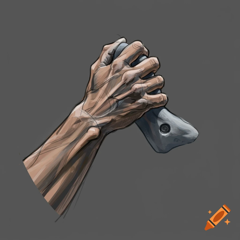 Detailed sketch illustration of a climber's hand gripping a gray object.