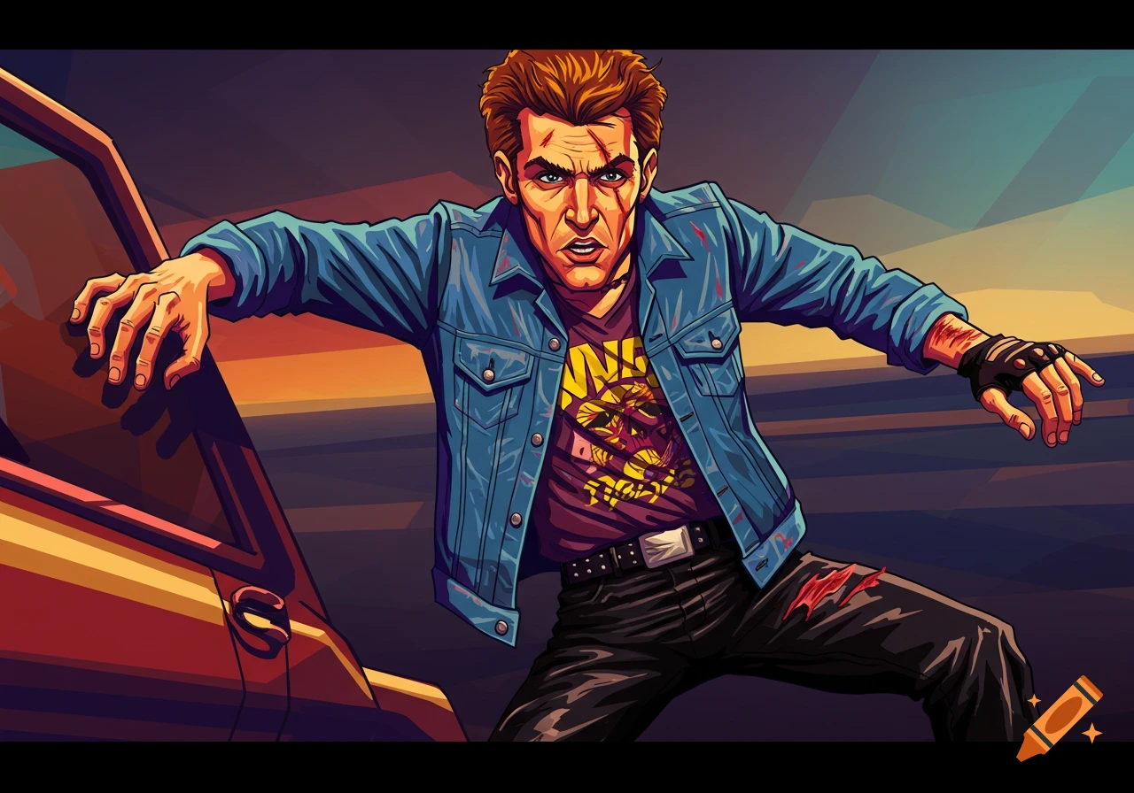 A pop art illustration of a man with a determined expression, wearing a denim jacket and graphic t-shirt, leaning on a car.