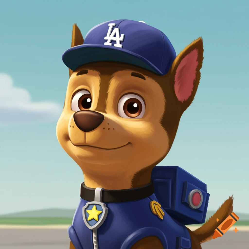 An illustrated portrait of Chase from Paw Patrol wearing a blue LA Dodgers baseball cap and police uniform, smiling.