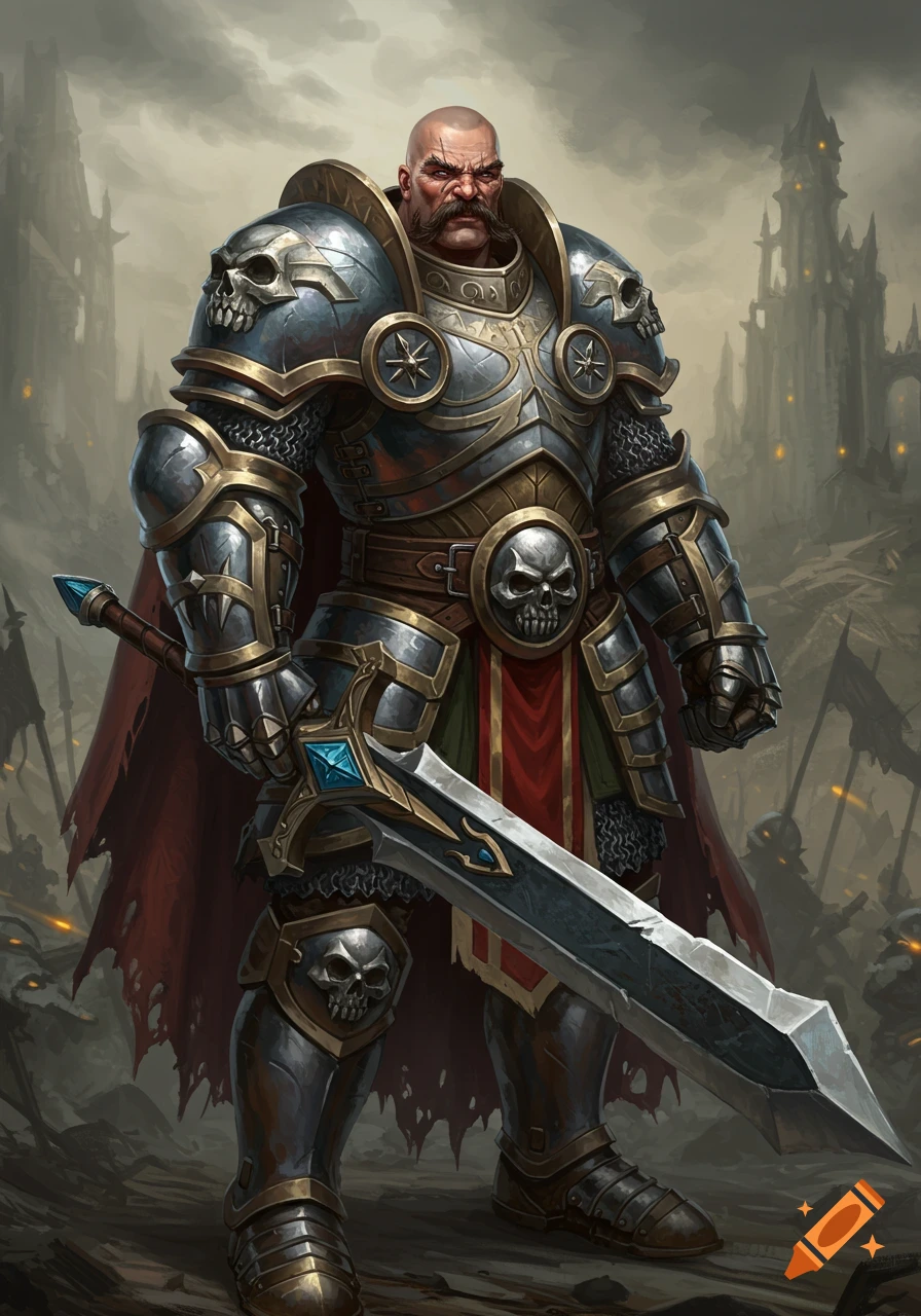 A bald, mustachioed warrior in ornate silver and gold armor with skull ...