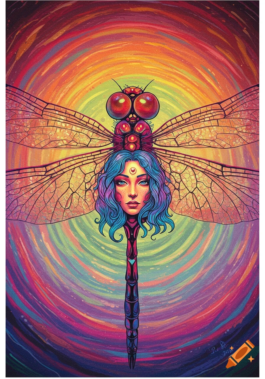 Psychedelic illustration of a dragonfly with a female face and colorful hair against a vibrant swirling background.