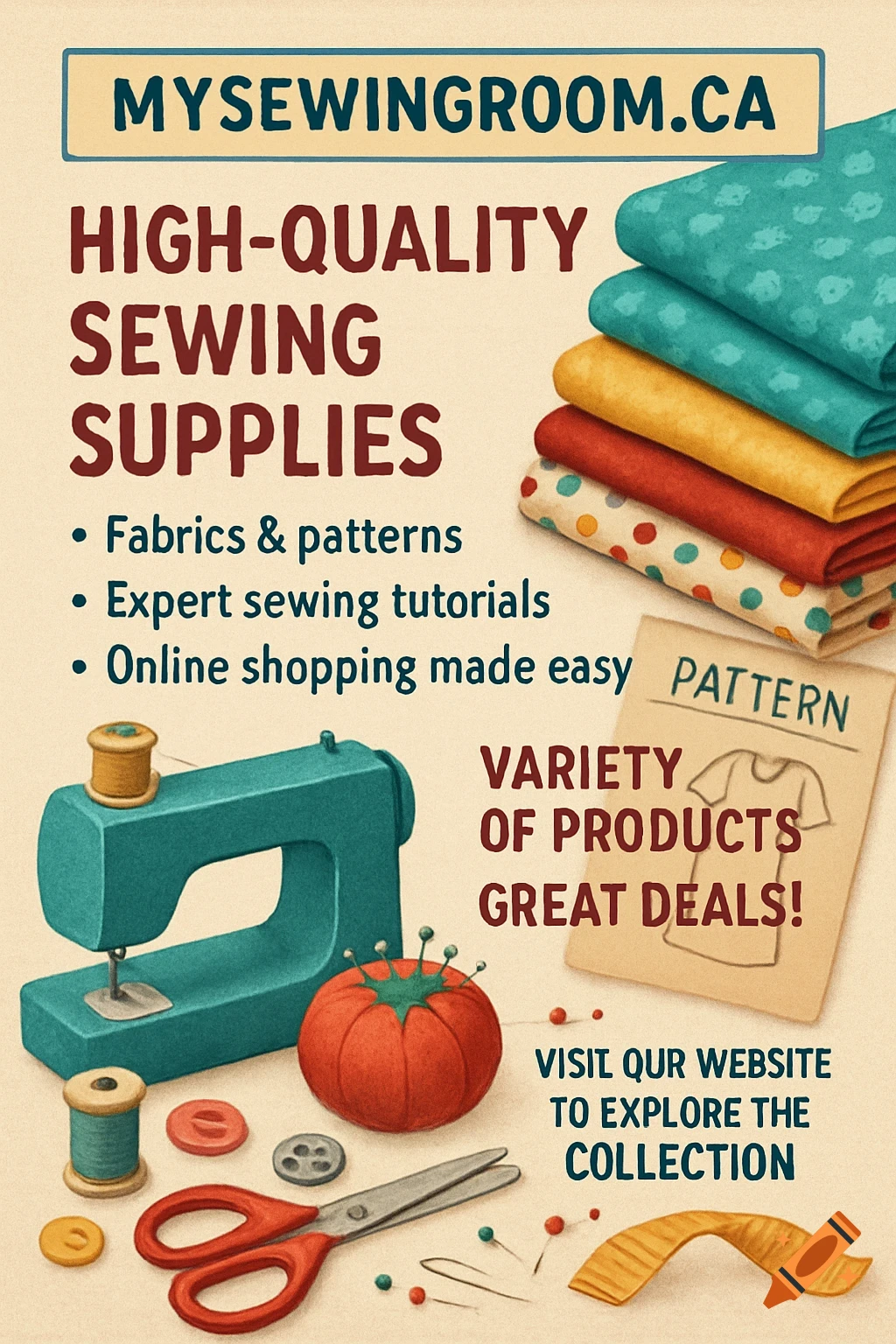 Advertisement for MySewingRoom.ca showing sewing supplies like a machine, fabrics, threads, scissors, and a pin cushion with promotional text.