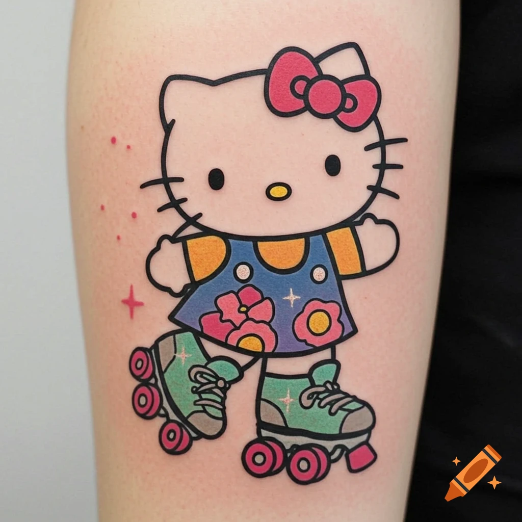 Colorful tattoo of Hello Kitty wearing a blue floral dress and roller skates on a person's arm.