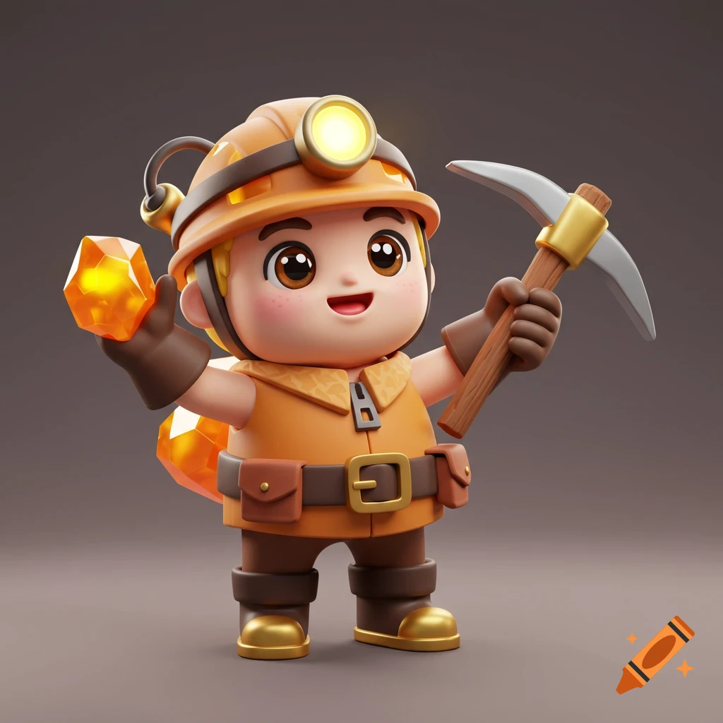 A cute stylized 3D miner character with big eyes, wearing an orange helmet with a lamp, holding a pickaxe and an orange crystal.