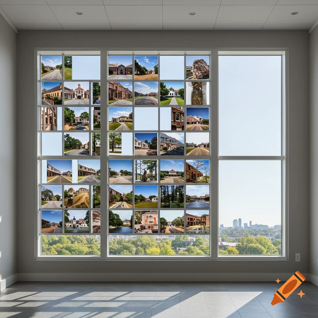 A large window with a gridded frame in a spacious room, displaying numerous small images of various buildings and landscapes, with a city skyline visible outside.