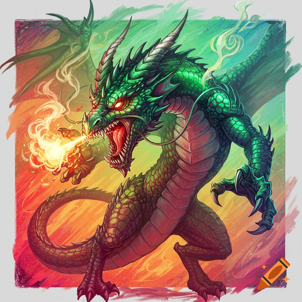 A vibrant illustration of an angry green dragon with glowing red eyes, breathing fire, against a colorful background.