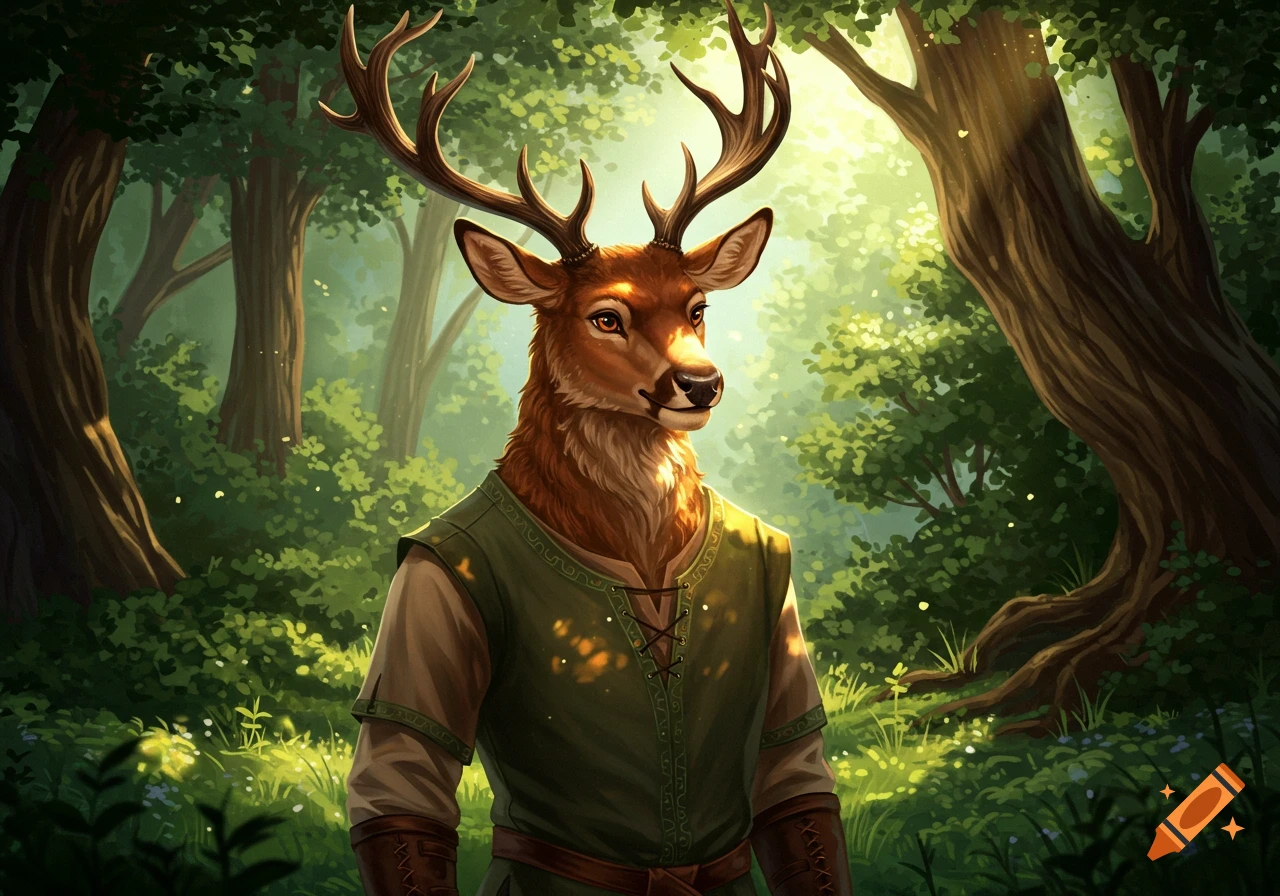 An anthropomorphic deer wearing a green tunic stands in a sunlit forest.