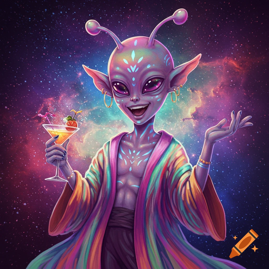A vibrant purple alien with antennae and pointed ears, wearing a rainbow robe and holding a cocktail, set against a galaxy background.