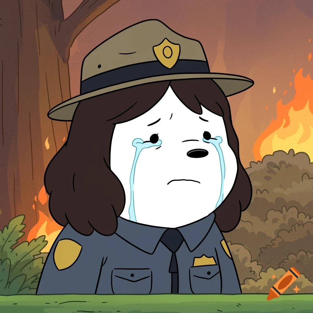 Cartoon character Ranger Tabes from We Bare Bears crying sadly with a raging forest fire in the background.