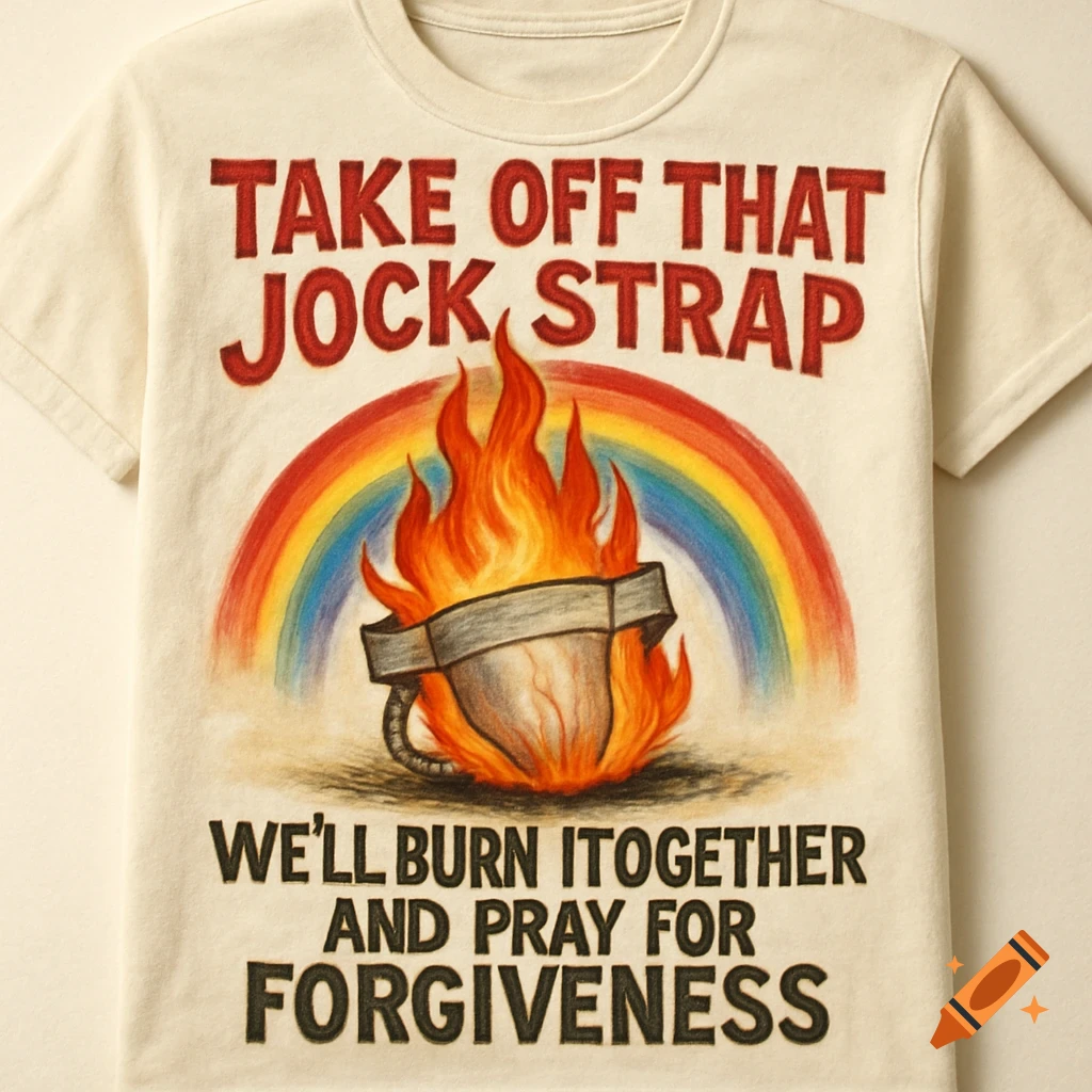 A cream-colored t-shirt displays a red text slogan "TAKE OFF THAT JOCK STRAP WE'LL BURN ITOGETHER AND PRAY FOR FORGIVENESS" above and below an illustration of a jock strap engulfed in flames, with a rainbow arching behind the fire.