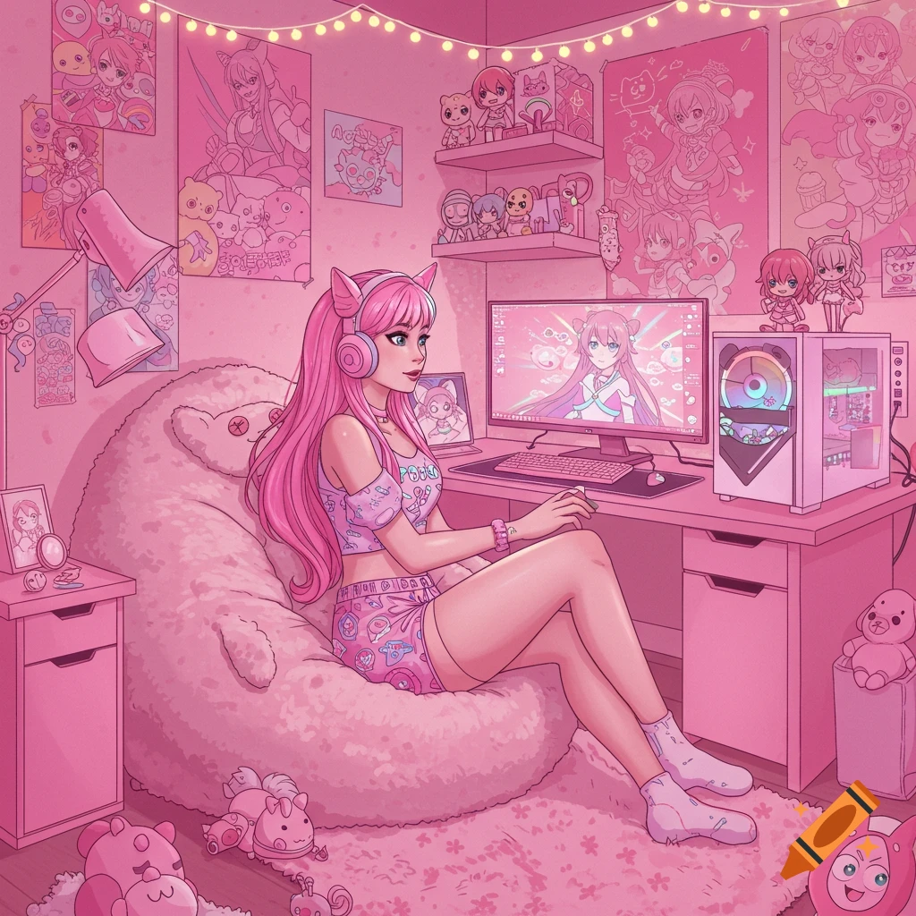 A pink-haired anime gamer girl in a vibrant pink room, sitting on a bean bag chair and looking at her computer.