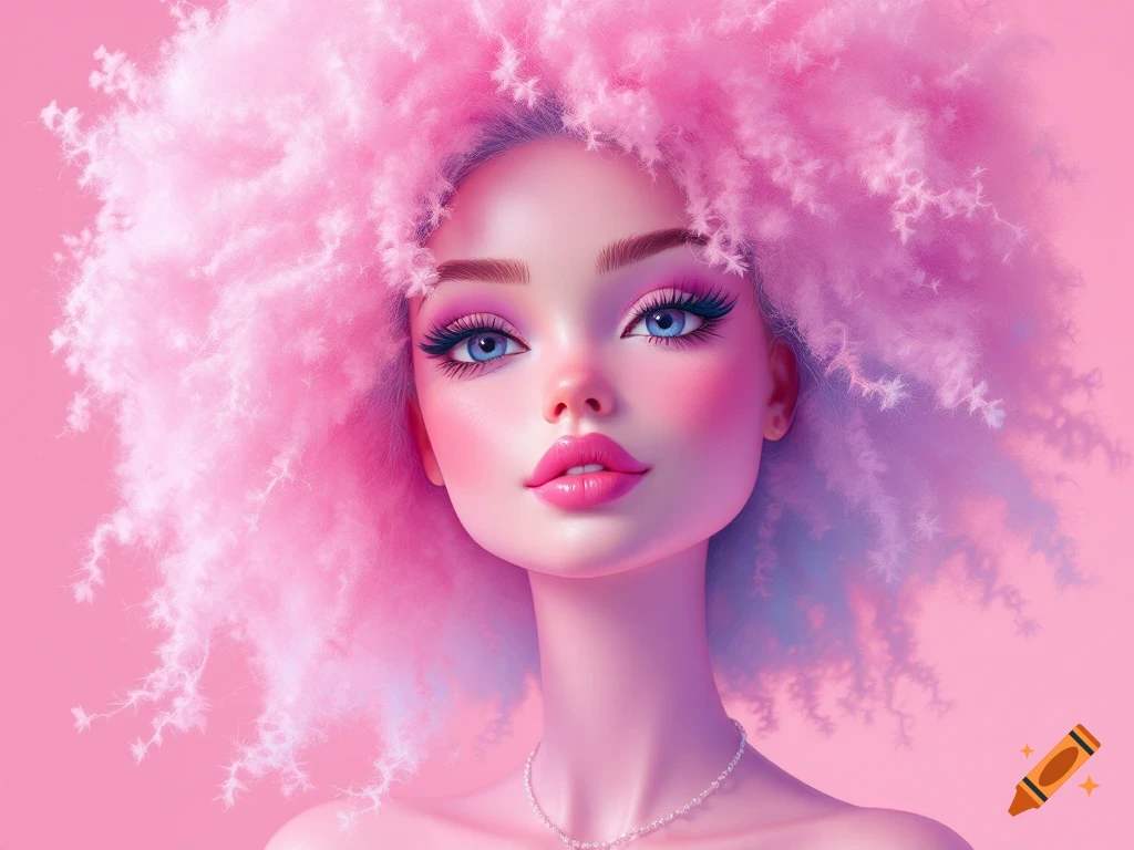 Close-up of a stylized doll's head with large pink cotton candy hair, vibrant blue eyes, and pink makeup.