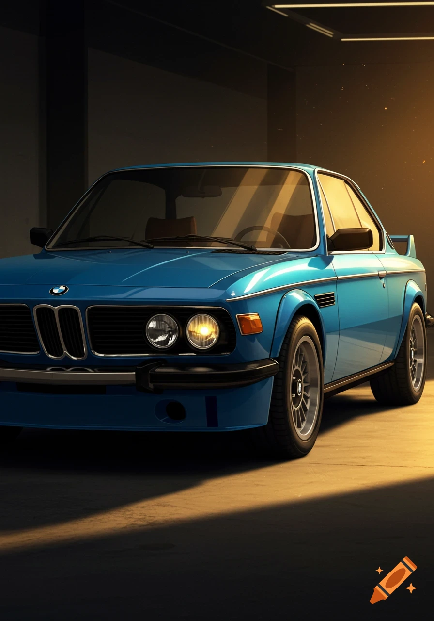 A blue classic BMW car parked in a garage with dramatic lighting.