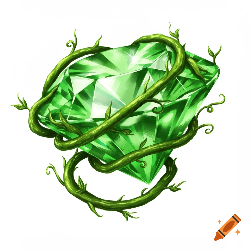 A brilliant green faceted diamond wrapped in lush green vines, set against a stark white background.
