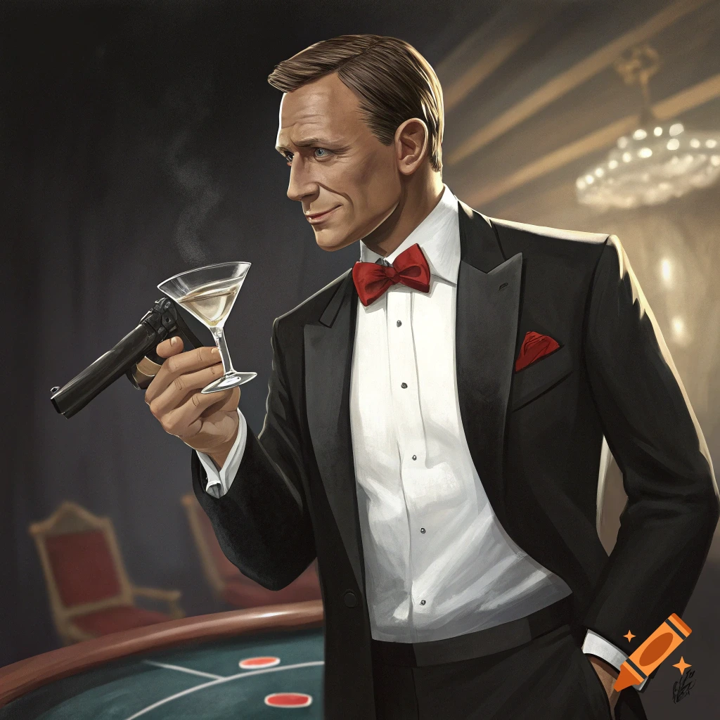 Illustrated portrait of Daniel Craig as James Bond in a tuxedo, holding a martini and a gun at a casino table.
