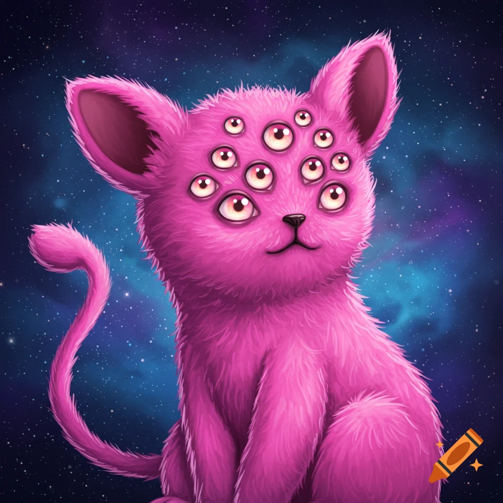 A fluffy pink alien cat with ten eyes sits in front of a starry blue and purple galaxy background, in a digital art style.