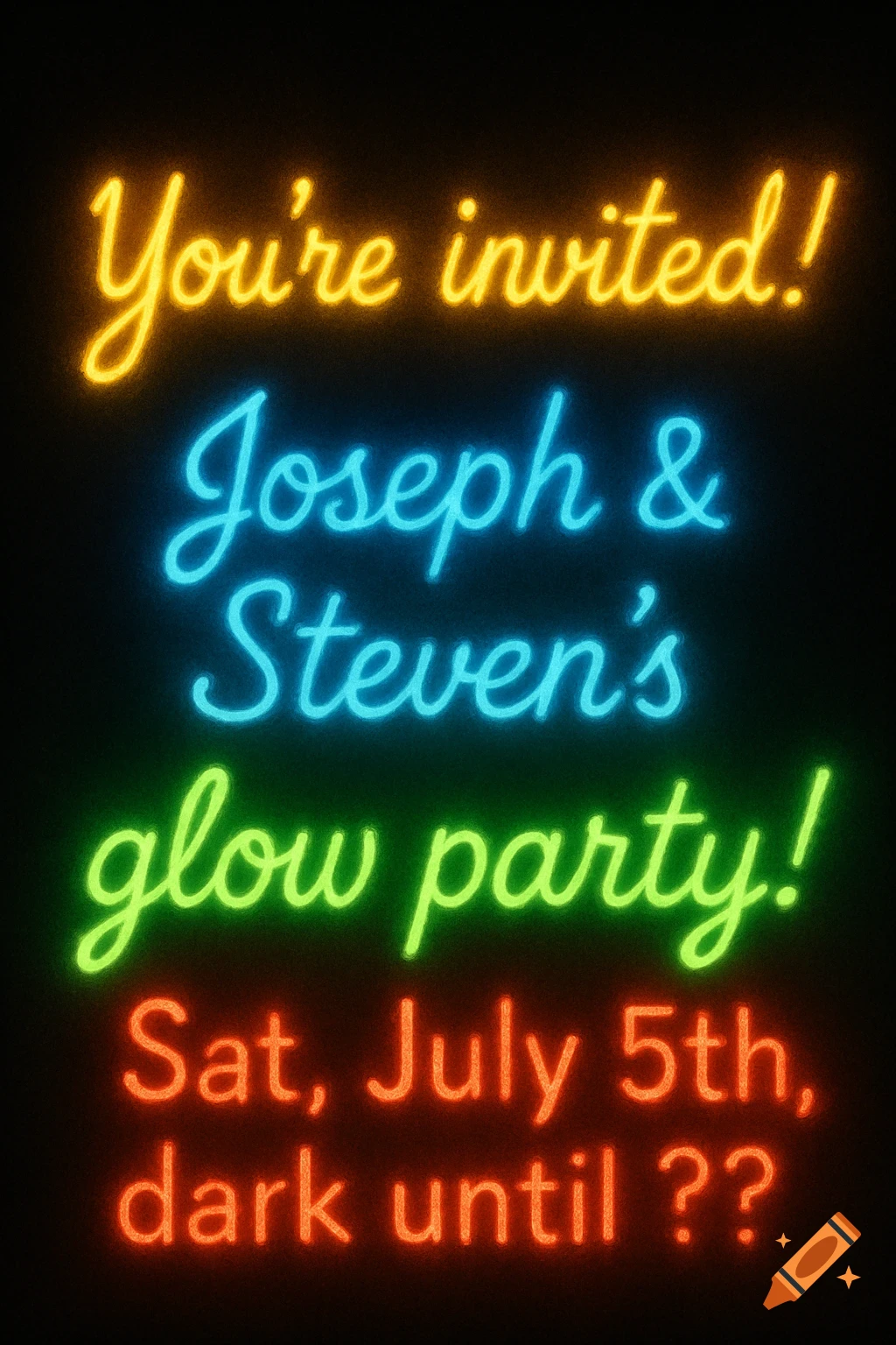 Neon invitation for Joseph and Steven's glow party on July 5th, on a black background.