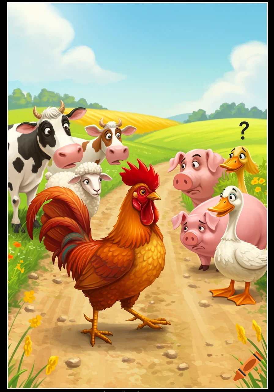 A cartoon illustration of a large rooster walking on a dirt path with surprised farm animals including cows, sheep, pigs, and geese looking on.